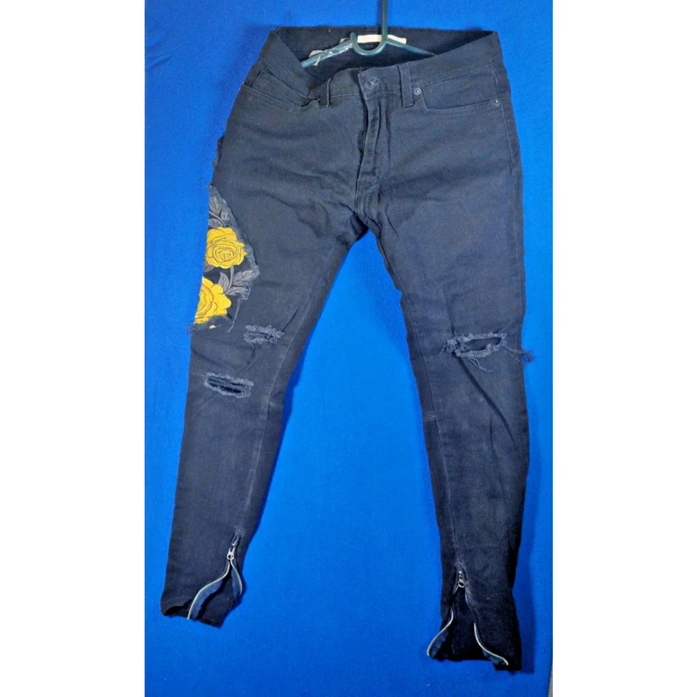 Golden Black Skinny Jeans Women Size 30 Yellow Floral Rose Embroidery Zipper - Picture 13 of 13